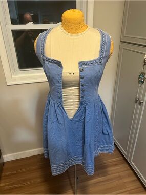 Vintage German Dirndl Blue Button-Front Cotton Dress Size 12